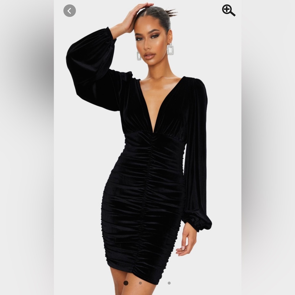 Black Velvet Ruched Balloon Sleeve Plunge Bodycon Dress